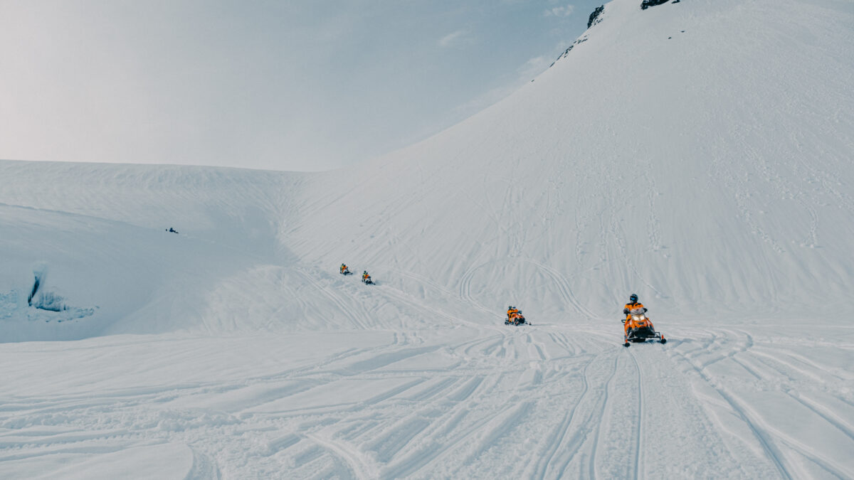 Snowmobiles on Langjokull glacier in Iceland